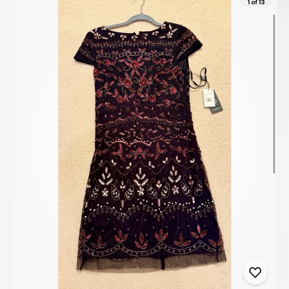 Adrianna Papell Women Red Black Mesh Sheath Beaded Short SleeveCocktail DressNWT